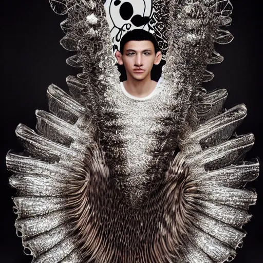 Image similar to a beautiful young mexican male wearing iris van herpen mickey mouse couture, photographed by erwin olaf