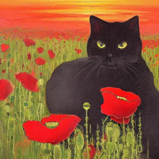 Image similar to a masterpiece painting by alfred mucha : a small black cat taking the sun in a poppy field with a red sunset in the background