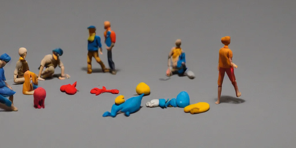 Prompt: plasticine model of stop motion figures clay. minimal. tilt shift. fish tank in. visitors. photorealistic.