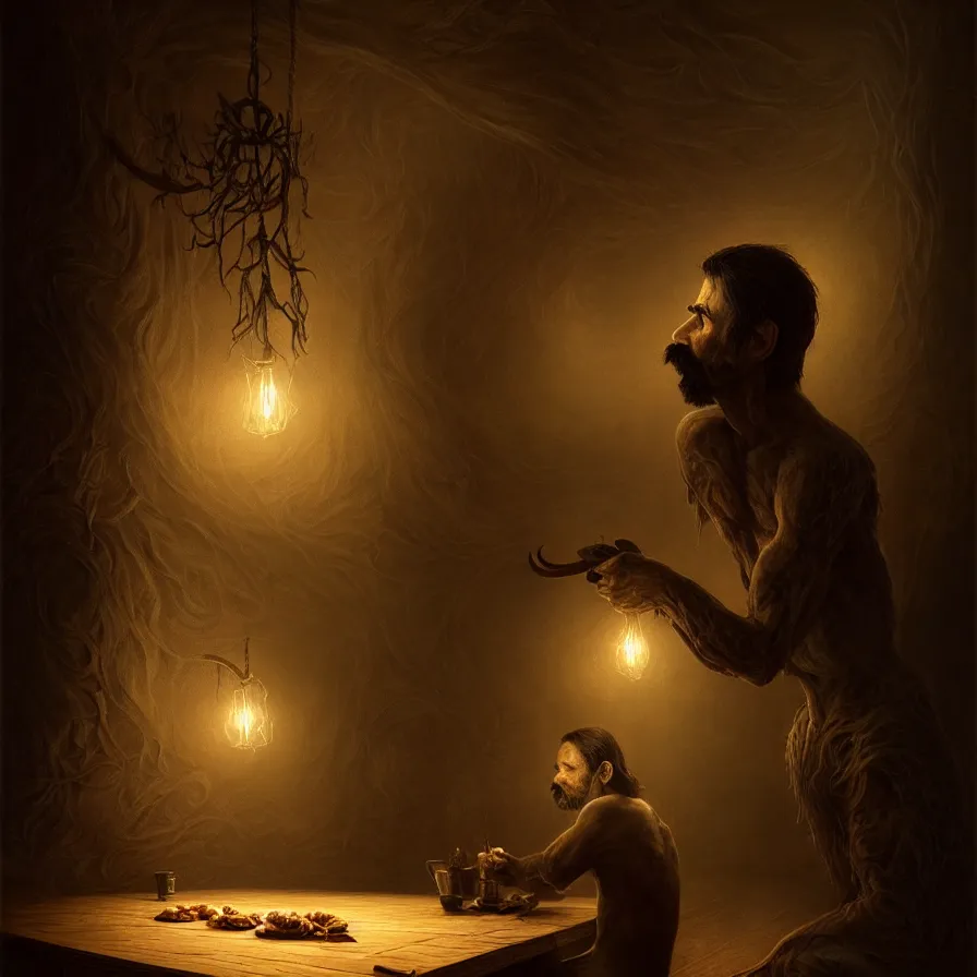 Image similar to epic professional digital art of hungry 👨, atmospheric lighting, painted, intricate, detailed, foreboding, leesha hannigan, wayne haag, reyna rochin, ignacio fernandez rios, mark ryden, iris van herpen, best on artstation, cgsociety, wlop, pixiv, stunning, gorgeous, much wow, cinematic, masterpiece