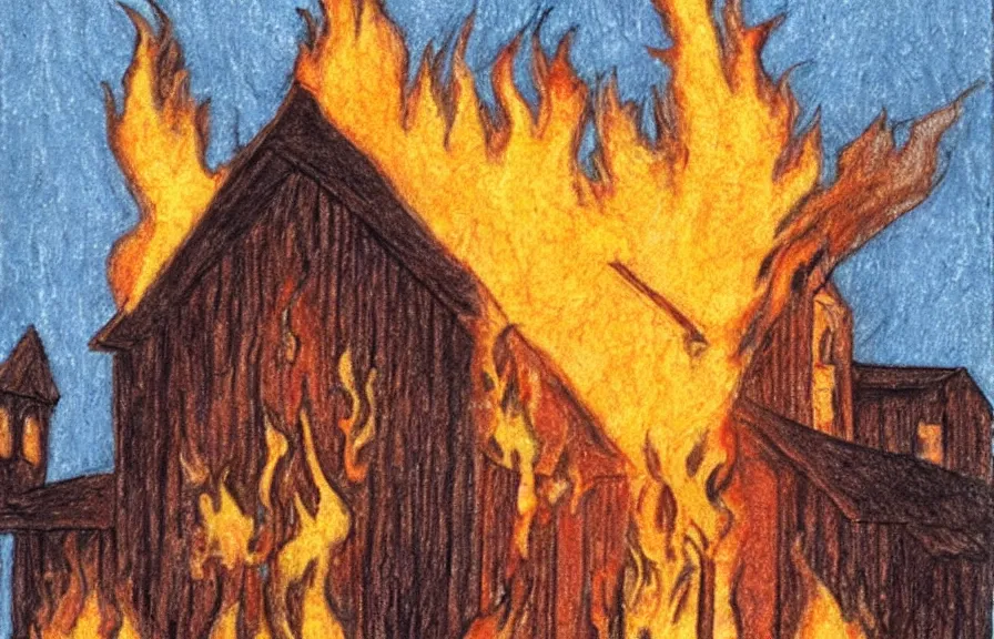 Image similar to church on fire, children drawing