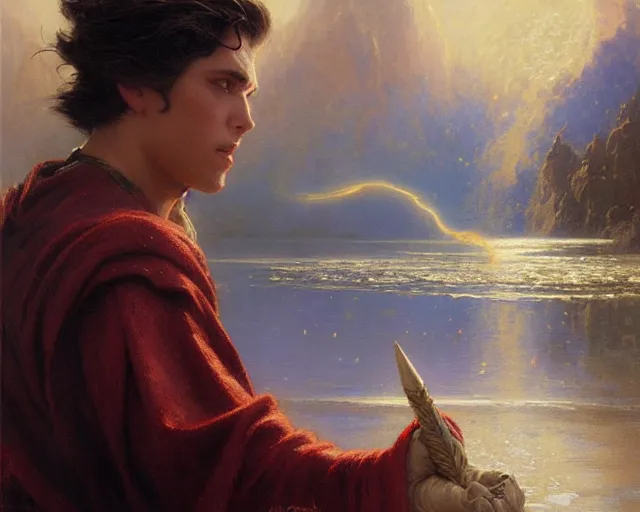 Image similar to attractive male wizard casting powerful tsunami wave spell in a beautiful lake. highly detailed painting by gaston bussiere, craig mullins, j. c. leyendecker 8 k