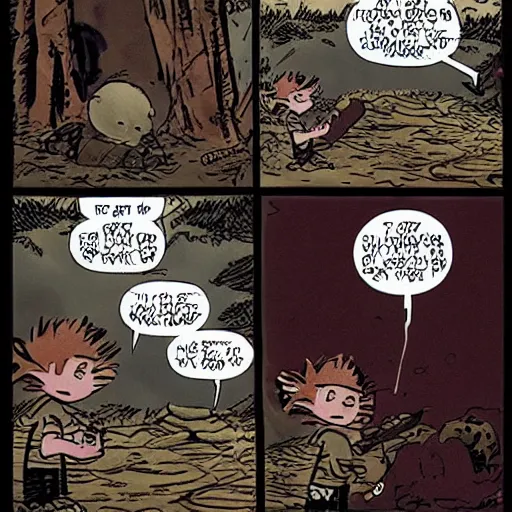 Image similar to “Calvin and Hobbes getting the ring from Mordor”