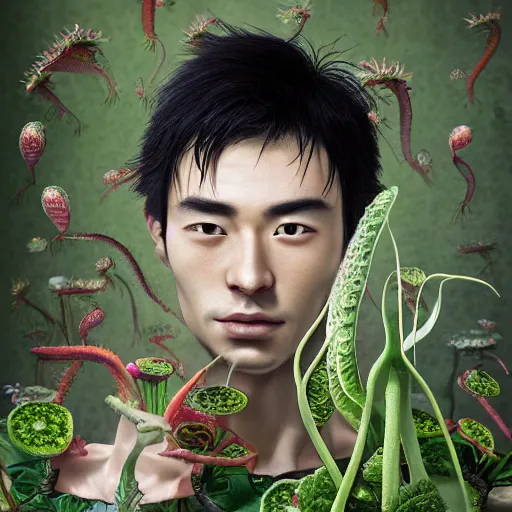 Prompt: the portrait of a beautiful, elegant, succulent venus flytrap european japanese man, hyperrealistic illustration by iralki nadar, reflective eyes, extremely detailed intricate linework, smooth, super sharp focus, bright colors, high contrast, matte, octopath traveler, unreal engine 5 highly rendered, global illumination, radiant light, 8 k