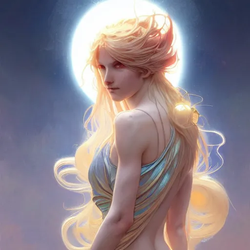 Prompt: Winged girl seraphim with blonde hair and glowing halo, iridescent, fantasy, intricate, elegant, highly detailed, digital painting, artstation, concept art, smooth, sharp focus, illustration, art by Krenz Cushart and Artem Demura and alphonse mucha