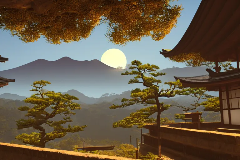 Prompt: Old japanese architecture in a Japanese valley, peaceful sky, golden hour, taken in unreal engine 5, 4k