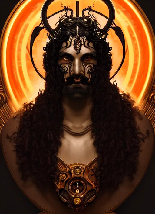 Image similar to portrait of greek god ares, black curly hair, glowing eyes, volumetric lights, face ornament, orange scheme, art nouveau botanicals, gothic, intricate, highly detailed, digital painting, artstation, concept art, smooth, sharp focus, symmetric face, illustration, steampunk, art by artgerm and greg rutkowski and alphonse mucha