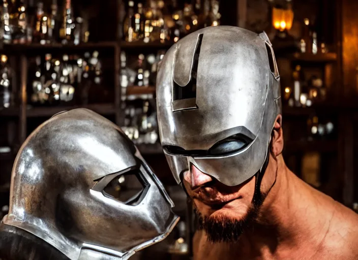 Image similar to a reflective steel engineering ironman mask at a high end bar in a medieval themed castle in golden afternoon light, professional food photography