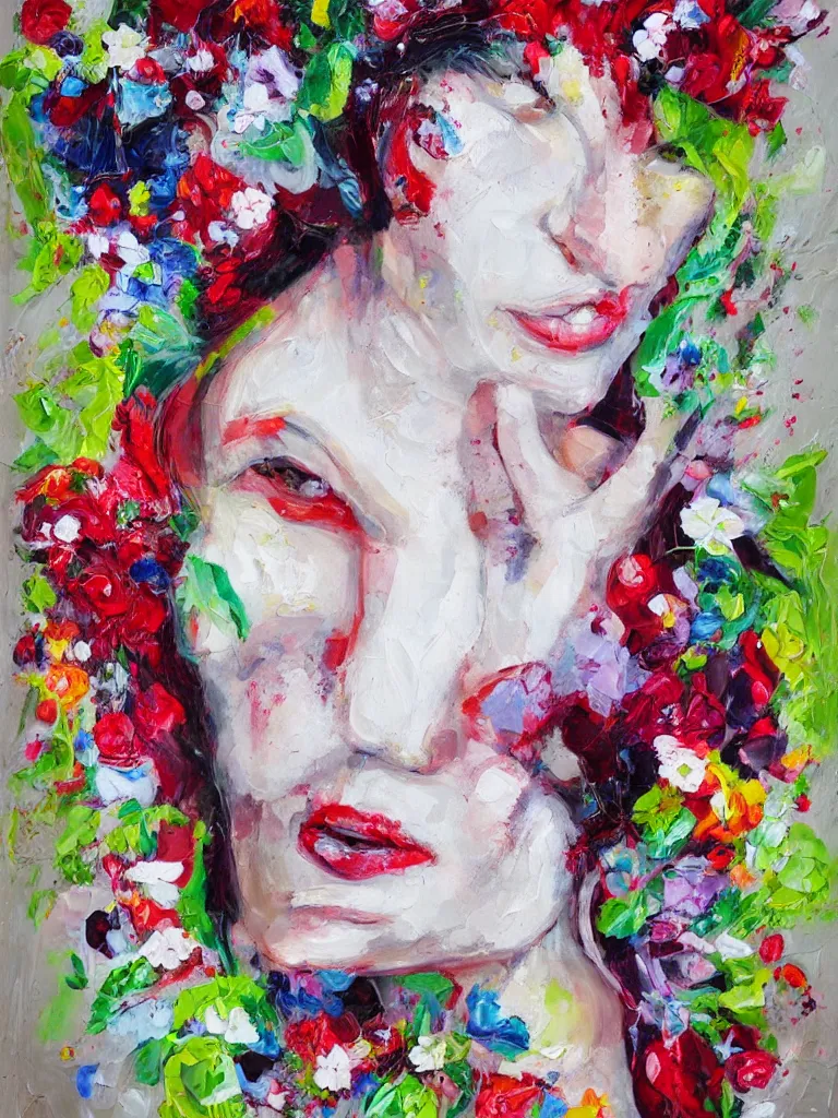 Prompt: “organic, portrait of a woman wearing white silk, neoexpressionist, eating luscious fresh raspberries and strawberries and blueberries, edible flowers, acrylic and spray paint and oilstick on canvas”