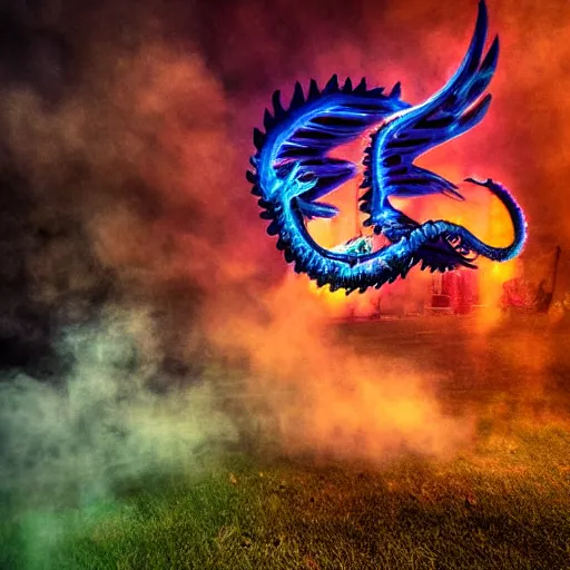 Image similar to dimly lit muted multi-color smoke (blues, greens), muted neon smoke, smoke reminiscent of vague outline of fierce flying dragons with large outstretched wings, sun shaft, over a large city park, photographic, stunning, inspiring, super high energy, swift, fast, fleeting