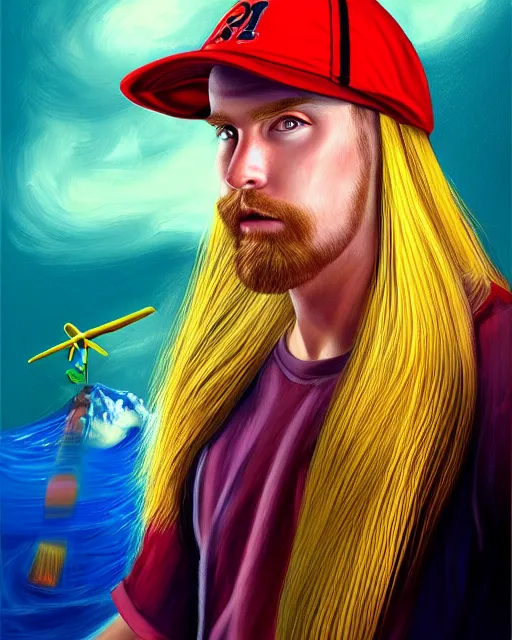 Prompt: colorful painting of a man with long blond hair with a baseball cap with a propeller on top, matte painting, trending on art station, ultra - detailed, hq