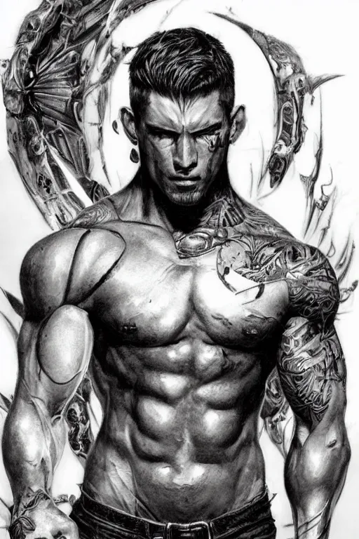 Prompt: Portrait of frontal standing pose torso of a very attractive muscular man heavily all his skin is covered by BIKER tattoos, surrounded by magic lightings overlays, Intricate, concept art, magic lighting overlays, magical portal opened, D&D!, fantasy style, sharp focus!, ultra detailed, art by Artgerm and Peter Andrew Jones, WLUP, Magali Villeneuve