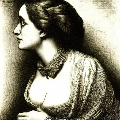 Image similar to side portrait of a beautiful victorian widow, close up, depth, shadow, dramatic light, Chiaroscuro, illustration by Gustave Doré