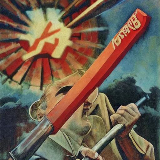 Image similar to soviet propaganda of robert mueller holding a hammer and sickle in realistic collective farm, by j. c. leyendecker, bosch, and beksinski