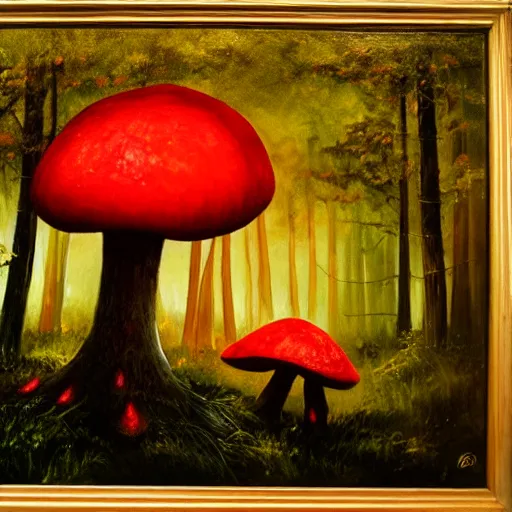 Prompt: glowing giant red mushrooms attacking a goblin in forest, oil painting, soft light, night time