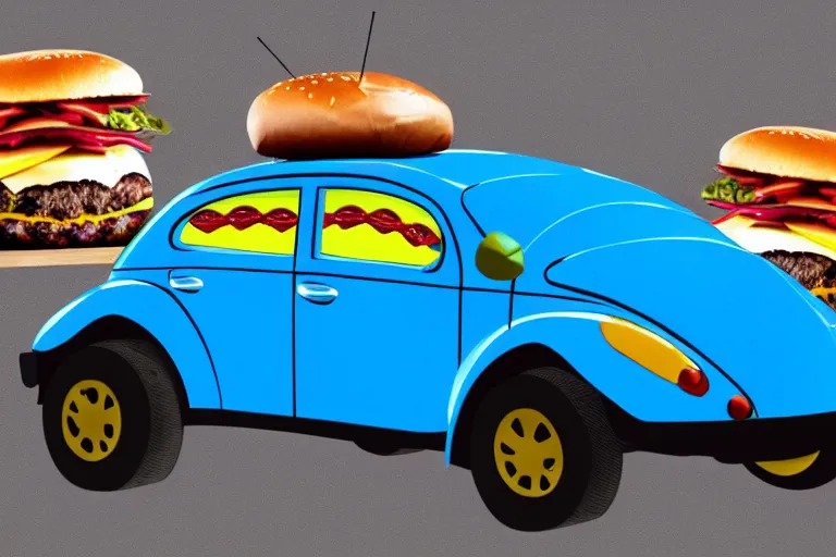 Prompt: a blue beetle car with burgers in place of the wheels