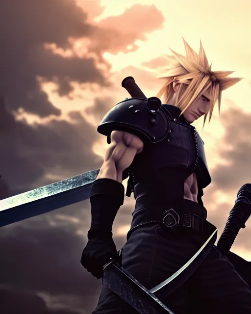 Prompt: final fantasy vii follows the story of mercenary cloud strife, who is hired by the eco - terrorist group avalanche 8 k resolution cryengine unreal engine vray trending on artstation award winning anime character design centered portrait