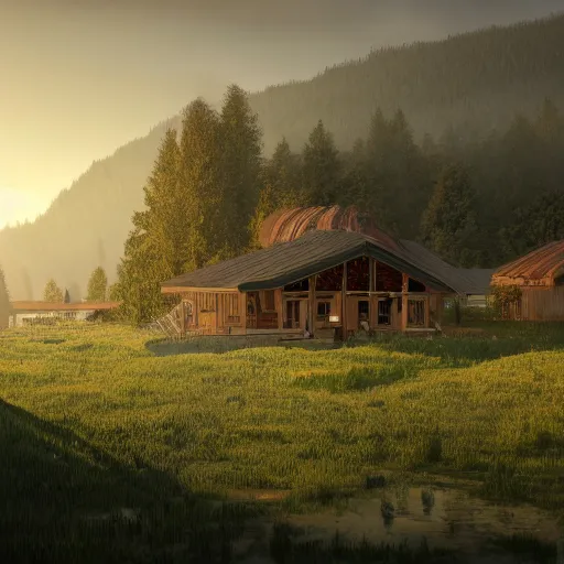 Prompt: ecovillage designed by olson kundig, day time, grand mountains and forest in the distance, farm and gardens, streams, white mist, sun in the sky, Cinematic, environment concept art, ethereal, ultra detailed, unreal engine style, cinematic light, trending in artstation, highly detailed, epic scene