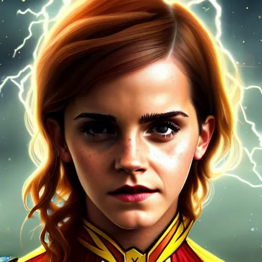 Image similar to beautiful Emma Watson as Kid Flash with lightning bolt headset, western, closeup, D&D, fantasy, intricate, elegant, highly detailed, digital painting, artstation, concept art, matte, sharp focus, illustration, art by Artgerm and Greg Rutkowski and Alphonse Mucha