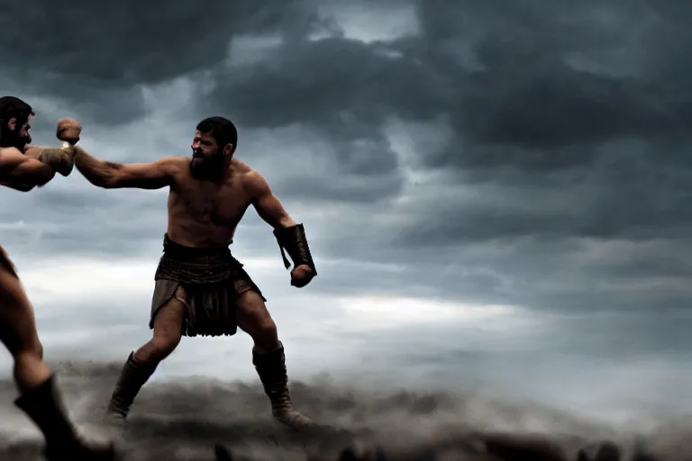 Prompt: cinematic action shot of joe biden as leonidas fighting in 3 0 0 movie, 8 k, epic moody sky, dramatic lighting