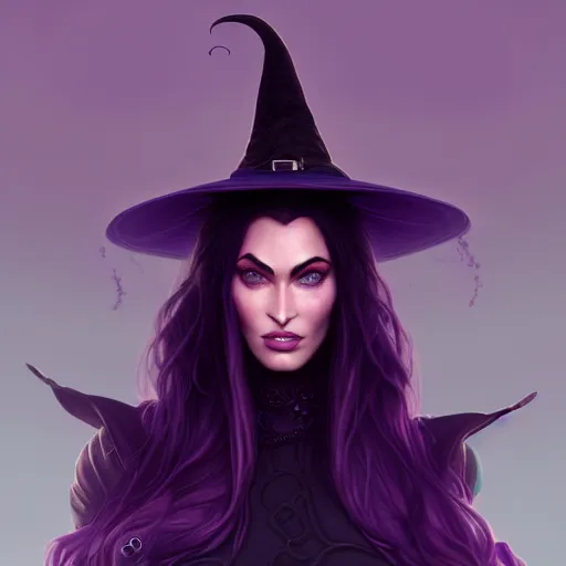 Prompt: an insanely detailed portrait of a beautiful witch that looks like megan fox with long dark purple hair, wearing black witch hat, in the style of peter mohrbacher, artgerm, dramatic lighting and composition, octane render, trending on artstation, concept art 8 k