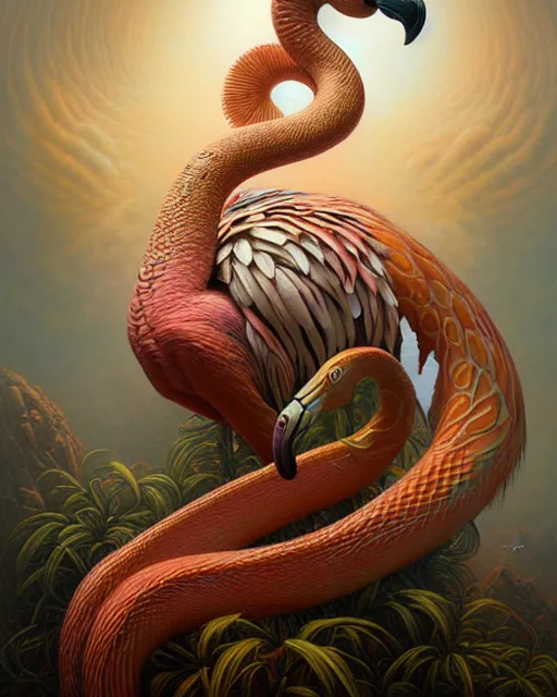 Image similar to a detailed portrait of dreampunk flamingo python hybrid mix goddess by tomasz alen kopera and peter mohrbacher