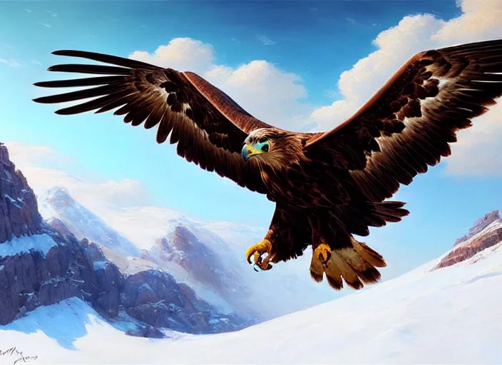 Prompt: A great golden eagle soars above a snowy mountain, by Mandy Jurgens, Artgerm, intricate, elegant, digital painting