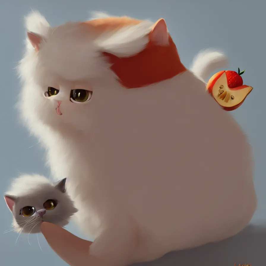 Image similar to Goro Fujita ilustration a very pretty baby cat, with fluffy white fur on top of fresh fruit, painting by Goro Fujita, sharp focus, highly detailed, ArtStation