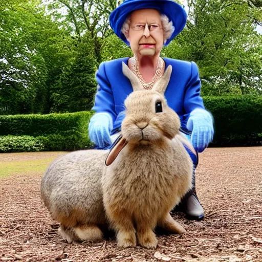 Image similar to a rabbit posing with Queen Elizabeth II in a park