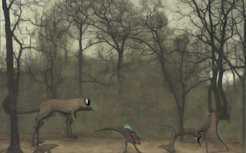 Image similar to a painting of a dinosaur in a zoo, in spring, oil on canvas, by hammershoi