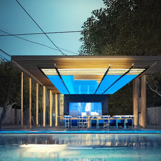 Image similar to a bar made with translucid fabric, swimming pool in front, parametric, blue hour, hyperrealistic, elevation, vray, unreal engine, trending on artstation