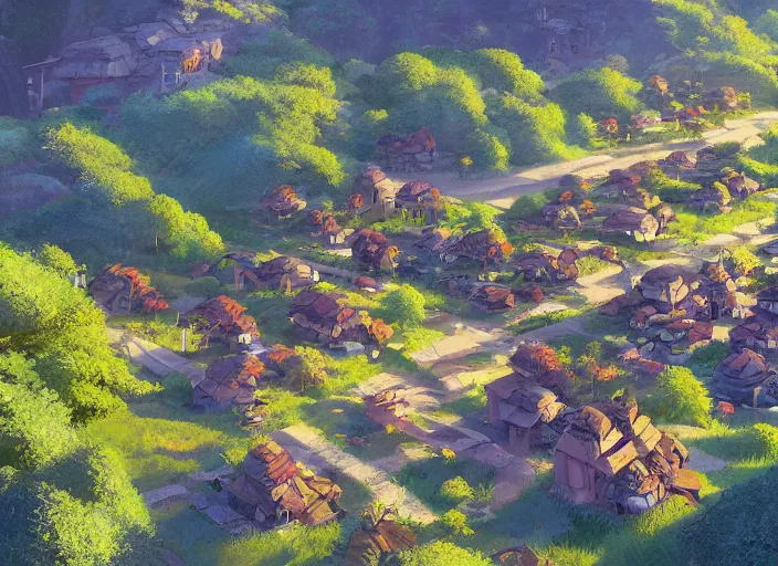 Image similar to concept art painting of a small woodland village in a valley seen from above, european japanese buildings, early morning, cel shaded, detailed, realistic, by makoto shinkai and moebius and anton fadeev and james gurney