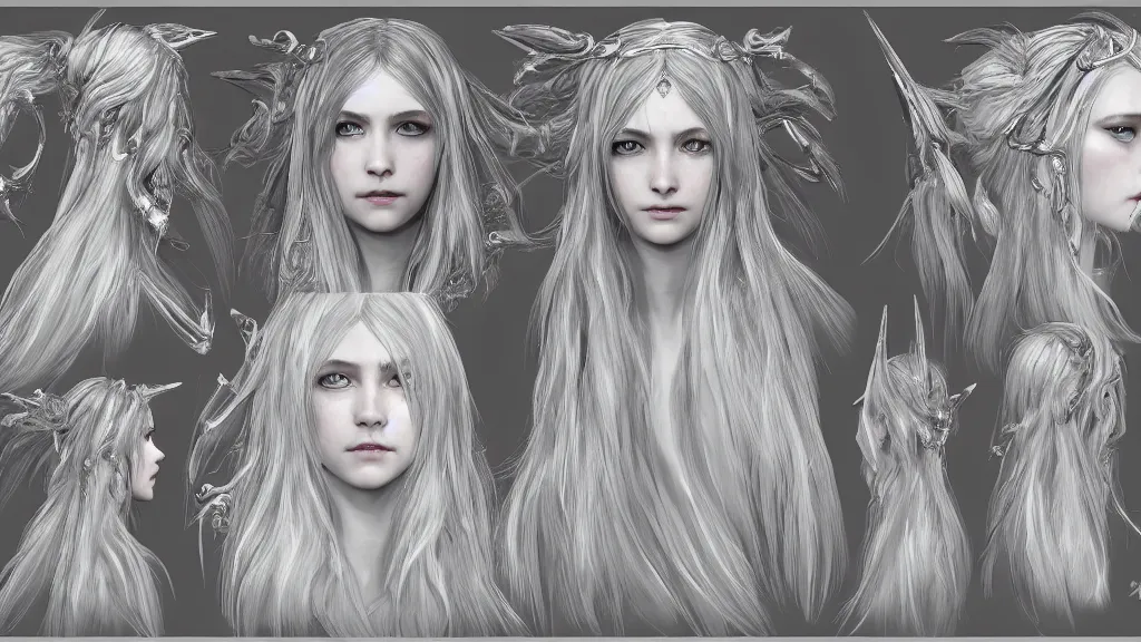 Image similar to concept art sheet, photorealistic symmetrical beautiful young female priestess with shiny hair wearing full intricate clothing, intricate, cg society, Elden Ring, darksouls, bloodborne