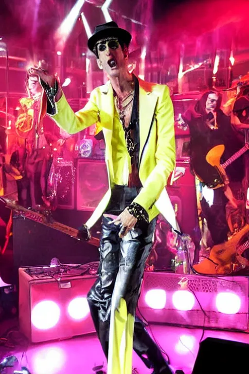 Image similar to perry farrell singing live on stag with jane's addiction, wearing a yellow fedora hat, white flared trousers and long tailcoat with large collars, 7 0's pimp style, huge angel wings behind him, photographic quality, live concert photo, photorealistic, stage lighting, lasers, neon glow, dry ice, dave navarro on guitar