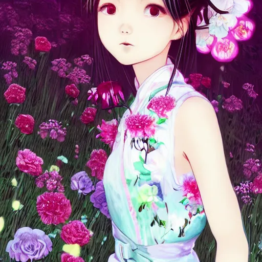 Image similar to little chinese girl with flowers in hair wearing an white dress. art by ilya kuvshinov, profile picture, inspired in hirohiko araki, realistic, highly detailed, 8 0 s anime art style