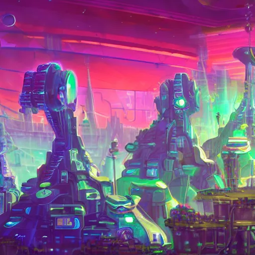 Prompt: an underwater city made of light matter built standing in the hands of a giant defunct robot mech and trying to save the planet one plant at a time, set in the distant future, plants, light prisms, rainbow diffraction, steampunk, cyberpunk, robots, warm lights, anime, vhs distortion, art style mimics starlight brigade by game grumps