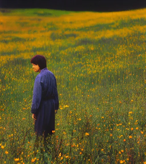 Image similar to tall shadow person standing in beautiful meadow of flowers, film photo, grainy, high detail, high resolution