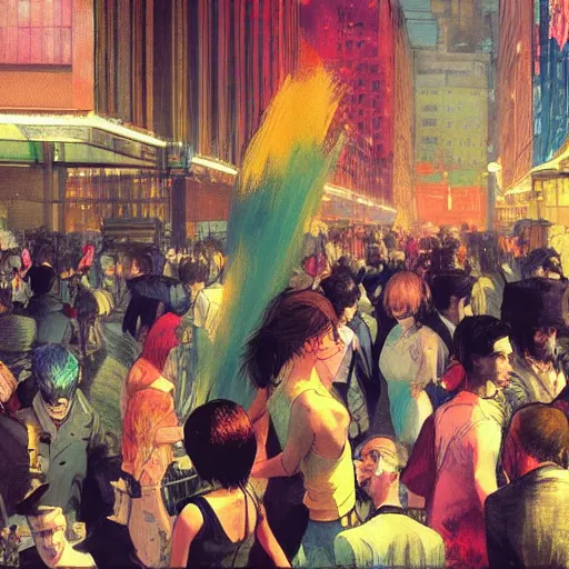 Prompt: a super colorful person in a crowd of mad people, vibrant, by akihiko yoshida and edward hopper