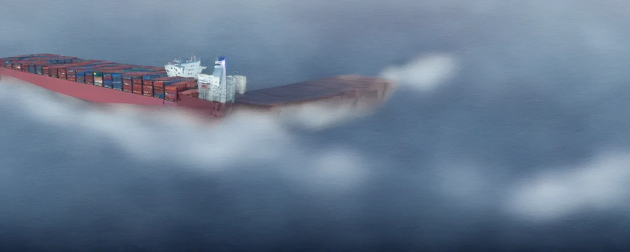 Image similar to paintifng of container ship containership colossus near misty black cliffs over steamy water, matte painting, detailed, amazing, 4k resolution