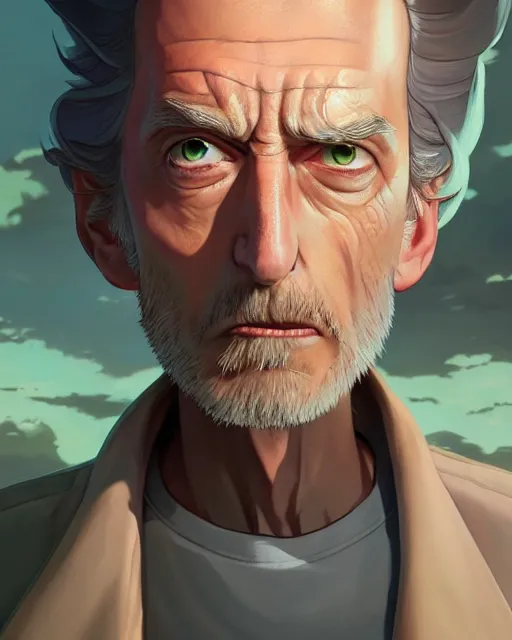 Image similar to rick from rick and morty, medium shot, visible face, detailed, perfectly shaded, perfectly shaded face, atmospheric lighting, by makoto shinkai, stanley artgerm lau, wlop, rossdraws