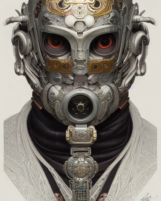 Image similar to portrait of a male cyberpunk machine, machine face, upper half portrait, decorated with chinese opera motifs, asian, fine china, wuxia, traditional chinese art, intricate, elegant, highly detailed, symmetry, headpiece, digital painting, artstation concept art smooth sharp focus, illustration, art by artgerm and greg rutkowski alphonse mucha 8 k