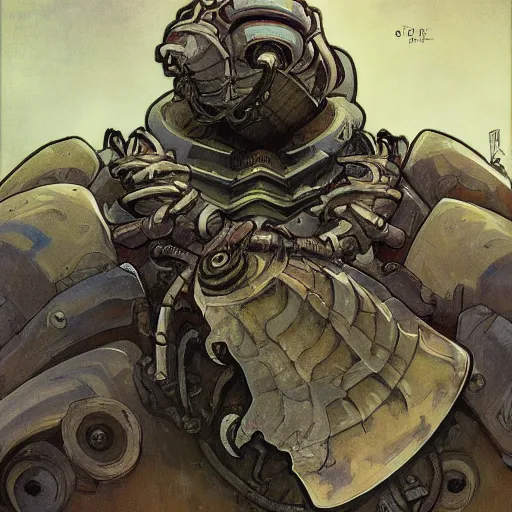 Prompt: hulking, brutish clone with vacant expression and giant isopod attached to back of neck, wearing brutalist black steel power armor and camoflauge cloak, science fiction concept art by Anato Finnstark, Alphonse Mucha, and Greg Rutkowski