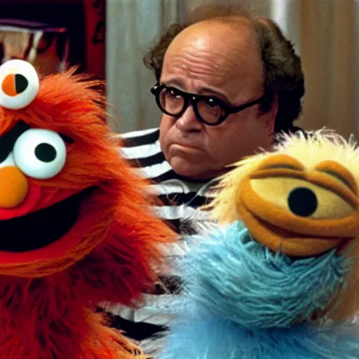 Image similar to Danny Devito as a fuzzy puppet muppet in sesame street, 8k resolution, full HD, cinematic lighting, award winning, anatomically correct