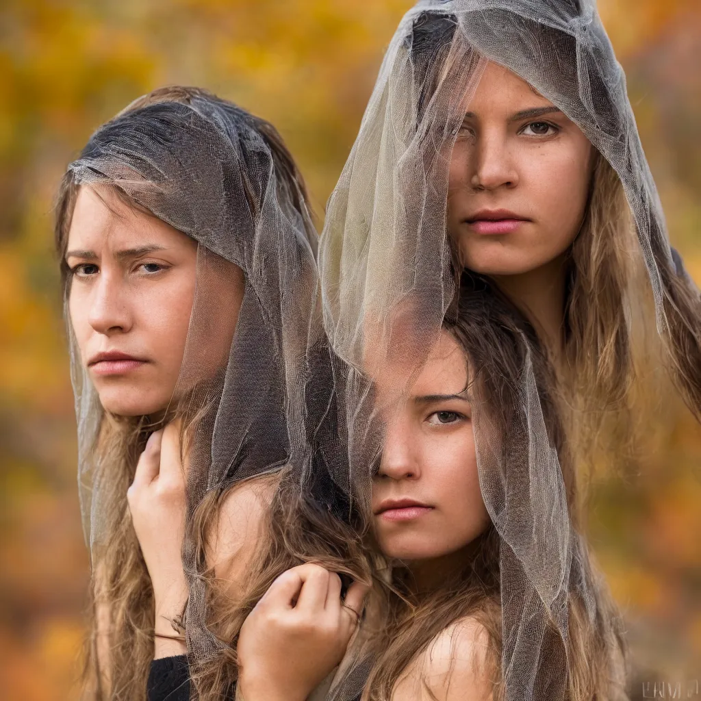 Image similar to highly detailed portrait fashion photography of a sad face gazing at the camera, wearing a velvet widow veil, in autumn, 135mm f5 at the Giza Pyramid