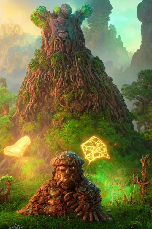 Image similar to zelda fantasy art giant golem elemental wood rock greeble gemstone enchanted forest troll, global illumination ray tracing hdr fanart arstation by sung choi and eric pfeiffer and gabriel garza and casper konefal bastion forged hardmesh lisa frank zbrush central radiating a glowing aura global illumination ray tracing hdr