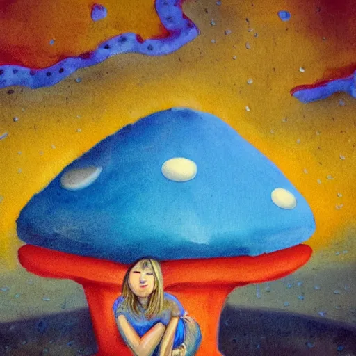 Prompt: A girl sleeping under a giant blue toadstool, raining, somber, high detail,