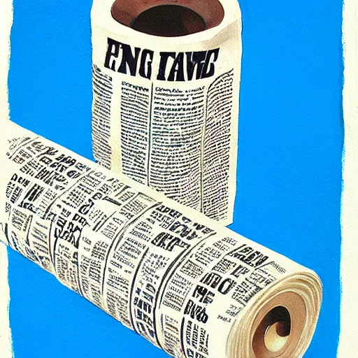 Prompt: painting of a roll of newspaper standing against a blue background, by ivan seal, surreal art, dull