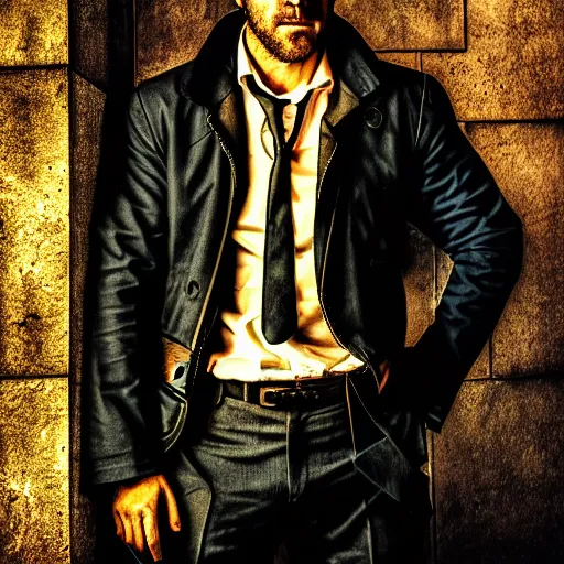 Image similar to a portrait of a Ryan Reynold as a John constantine, DC ,Grim fantasy, superheroes , HDR, natural light, shoulder level shot, dynamic pose, award winning photograph, Mucha style 4k,