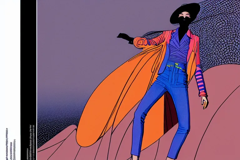 Prompt: fashion editorial in a world inspired by jean giraud moebius