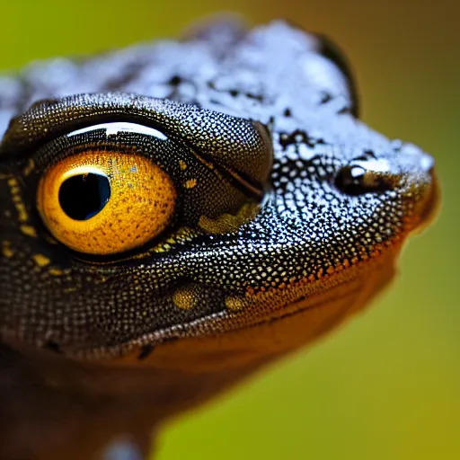 Image similar to an award winning photo of shiny golden black gecko looking at the camera, cute, nature photography, National Geographic, 4k